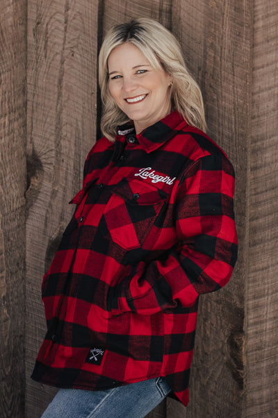 Model wearing buffalo plaid shacket